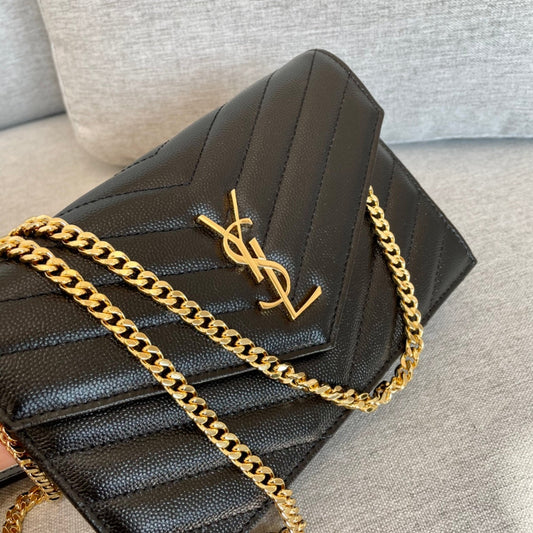 YSL Cassandre Envelope Chain Wallet Black Grain Leather Golden Hardware 19 cm