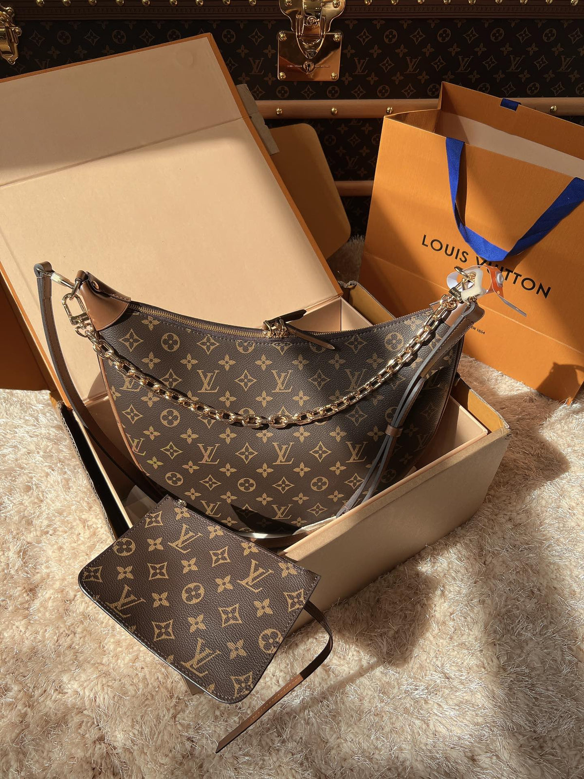LV Loop Monogram Canvas Hobo Shoulder Crossbody Bag with Chain Detail (38 x 26 x 10) cm